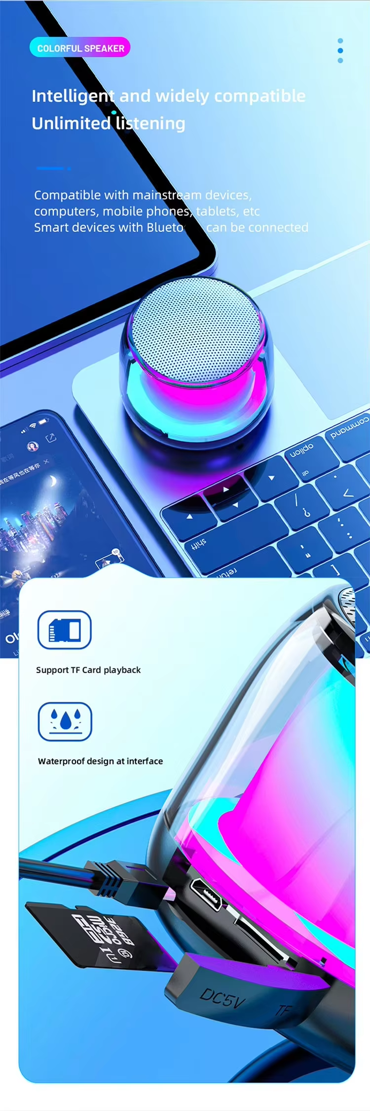2025 Waterproof Stereo BT S500 Outdoor Wireless Dj Party Mini RGB Smart Portable Gaming Colorful LED Speaker