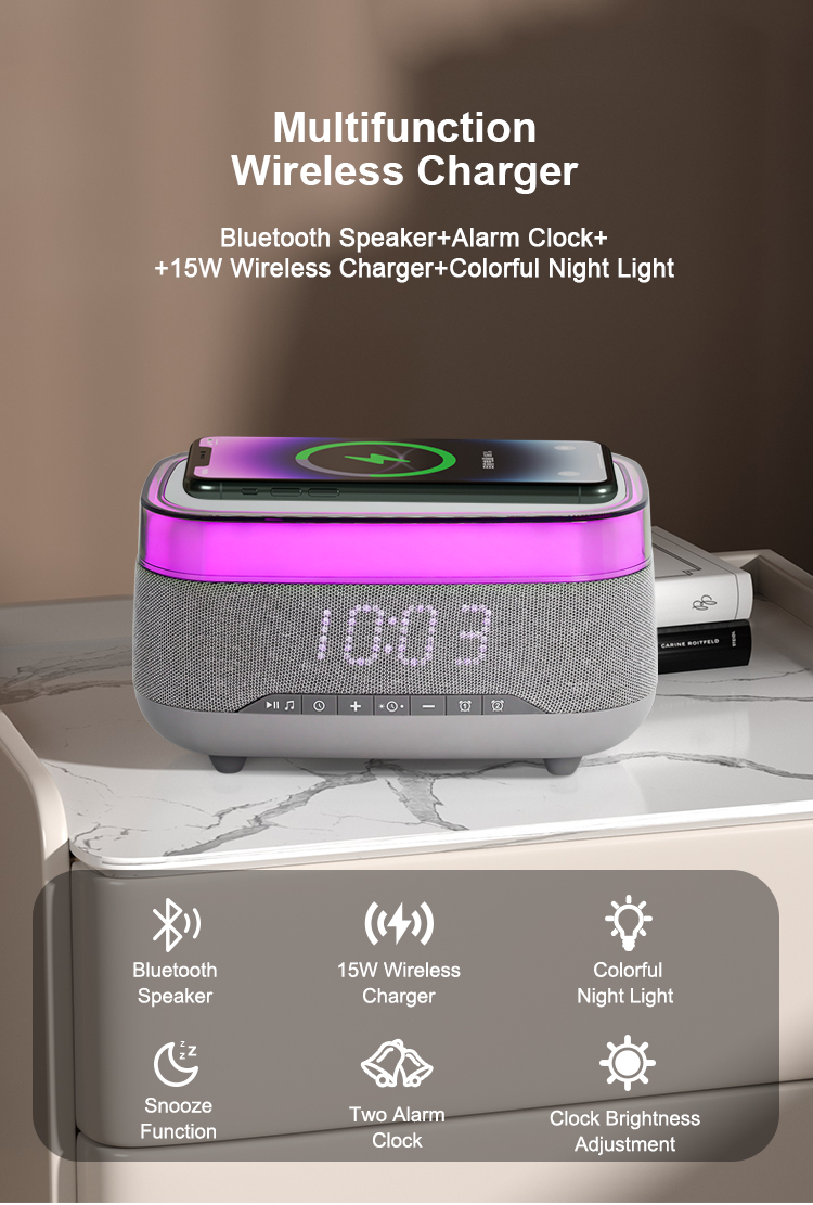 2025 New Multifunction Smart Blue Tooth Speaker with Wireless Charger and Alarm Clock
