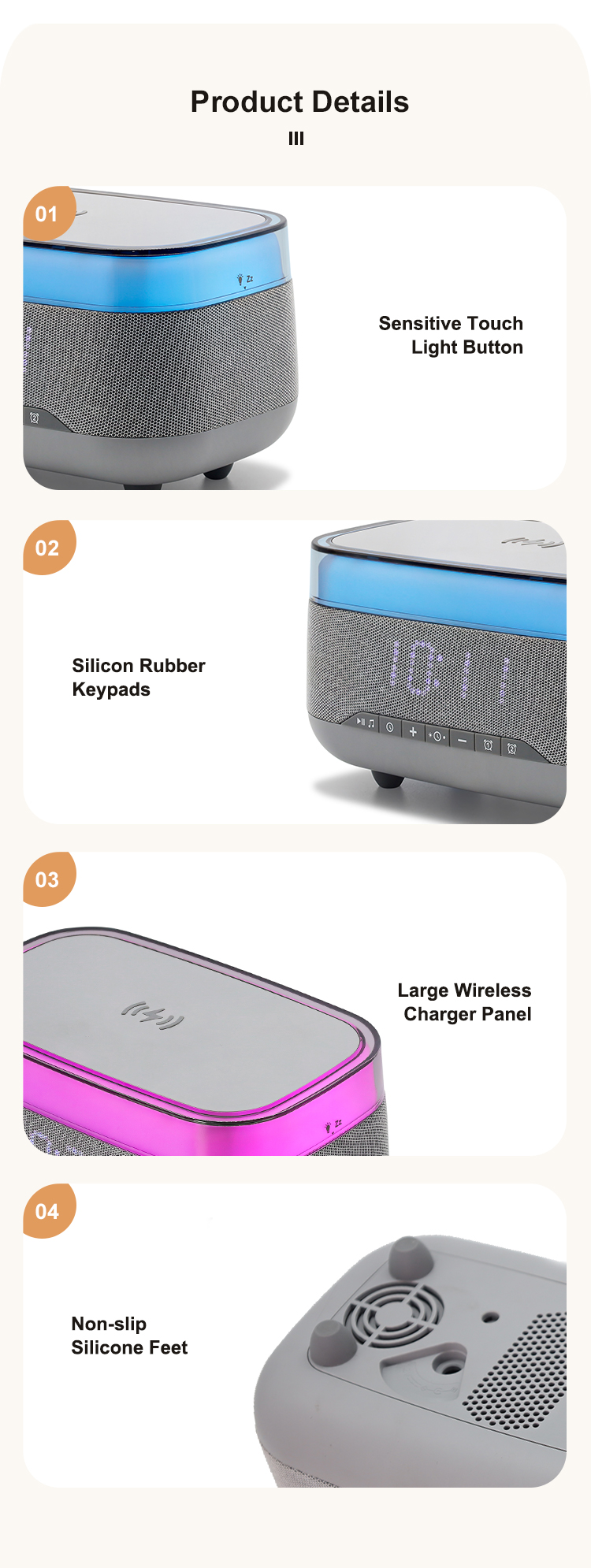 2025 New Multifunction Smart Blue Tooth Speaker with Wireless Charger and Alarm Clock